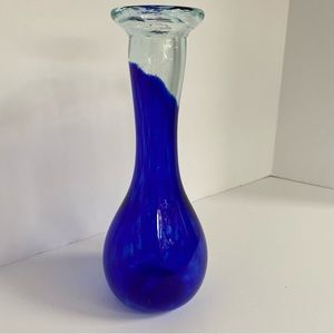 Vintage hand blown art glass vase Colnalt blue clear 2-tone Signed Date 01” EUC